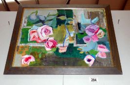 A 20c British school oil on board, pink flowers in abstract form, size including frame 52.