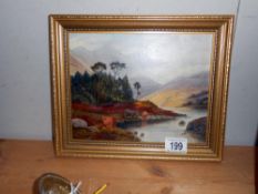 A 20c oil on board by A Tricker, Highland cattle watering in a Scottish landscape,