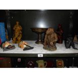 A pottery monkey, 2 novelty decanters (1 missing stopper) brass comport,