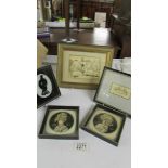 5 small framed and glazed pictures including dogs playing leapfrog, cat cartoon by Louis Wain,