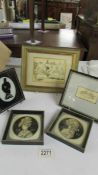 5 small framed and glazed pictures including dogs playing leapfrog, cat cartoon by Louis Wain,