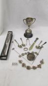 A mixed lot of hall marked silver including trophy, bottle top, spoons, bracelet, sugar nips etc.