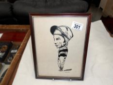 A framed and glazed Lester Piggott caricature style picture by Greenwood, size 27.5cm x 21cm approx.