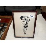A framed and glazed Lester Piggott caricature style picture by Greenwood, size 27.5cm x 21cm approx.