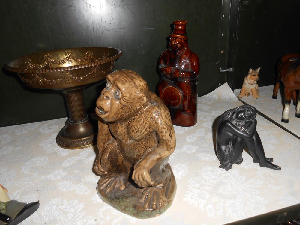 A pottery monkey, 2 novelty decanters (1 missing stopper) brass comport, - Image 3 of 3