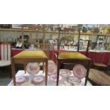 A pair of mahogany bedroom chairs with brown dralon covers.