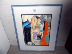 A framed and glazed acrylic on paper abstract still life with bottles, St.