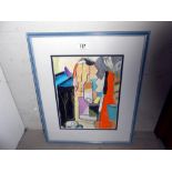 A framed and glazed acrylic on paper abstract still life with bottles, St.