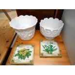 2 white planters 18cm & 15cm and 2 hand painted floral wall plaques 17cm x 16cm