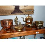 A quantity of brass and copper including kettle on stand