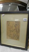 A good framed and glazed antique pencil drawing of a lady with a greyhound.