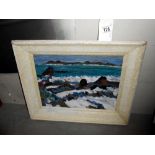 A framed 20c acrylic on board, Scottish school titled 'A rocky shore,