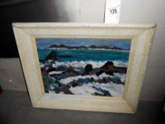 A framed 20c acrylic on board, Scottish school titled 'A rocky shore,