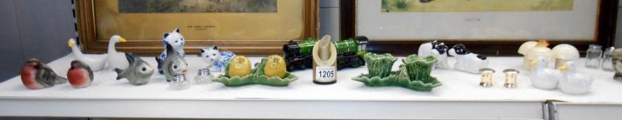 A mixed lot of novelty cruets including Goebel fish, steam trains, part Carlton war mushroom set,