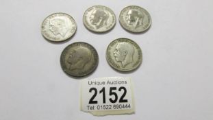 Five half crowns, 9121, 1922, 1923, 1924 and 1928.