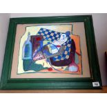 20c European school abstract cubist table top acrylic on board, signed with the initials K.M.