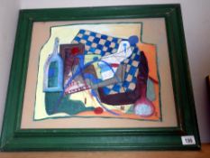 20c European school abstract cubist table top acrylic on board, signed with the initials K.M.