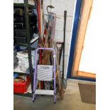 A quantity of various garden tools plus a 2 step ladder