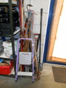 A quantity of various garden tools plus a 2 step ladder