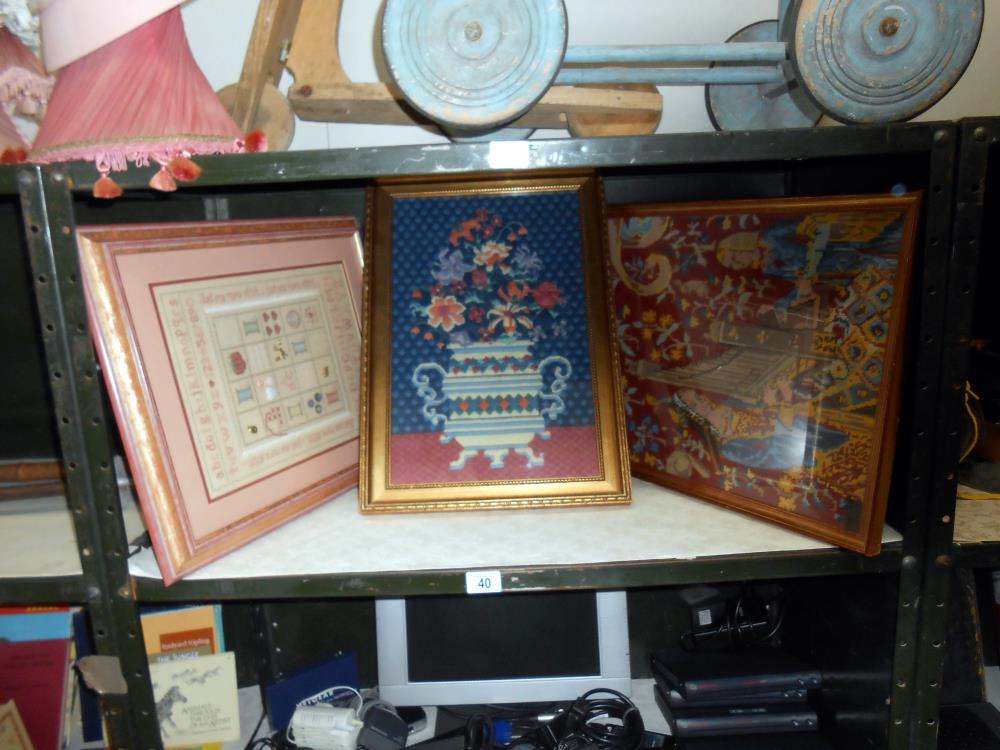 2 framed & glazed tapestry pictures (still life & Elizabethan scene) & a framed & glazed modern