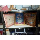 2 framed & glazed tapestry pictures (still life & Elizabethan scene) & a framed & glazed modern