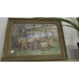 A framed and glazed garden scene depicting a family.