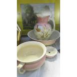 A jug and basin set (basin has crack), a chamber pot a/f and a soap dish.