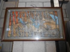 An unusual framed and glazed watercolour of figures on horses with trees signed LE