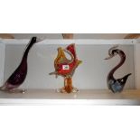 3 coloured art glass animals,