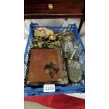 An interesting tray of items including brass, metal ware, candlesticks, hip flask, old box,