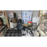 A good mixed lot of kitchen ware including new utensils, baking tray, vintage Moulinex mixer,