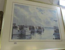 A framed and glazed limited edition print entitled 'Scallop Boats Mornington' by Robert Cross.