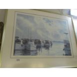 A framed and glazed limited edition print entitled 'Scallop Boats Mornington' by Robert Cross.