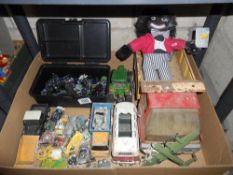 A box of playworn diecast including Dinky, Lesney etc,