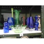 A selection of coloured art glass including vases and bowls (large blue brandy style glass includes