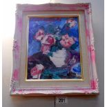 Pink roses in a vase on a table top' 20c colourist school acrylic on board, Size including frame 30.