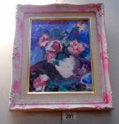 Pink roses in a vase on a table top' 20c colourist school acrylic on board, Size including frame 30.