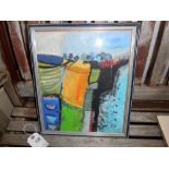 A framed and glazed 20c Cornish school acrylic on board titled verso 'Penzance landscape with