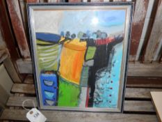 A framed and glazed 20c Cornish school acrylic on board titled verso 'Penzance landscape with