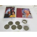 A Golden Wedding Crown, a Queen Mother centenary crown and a quantity of £5 coins.