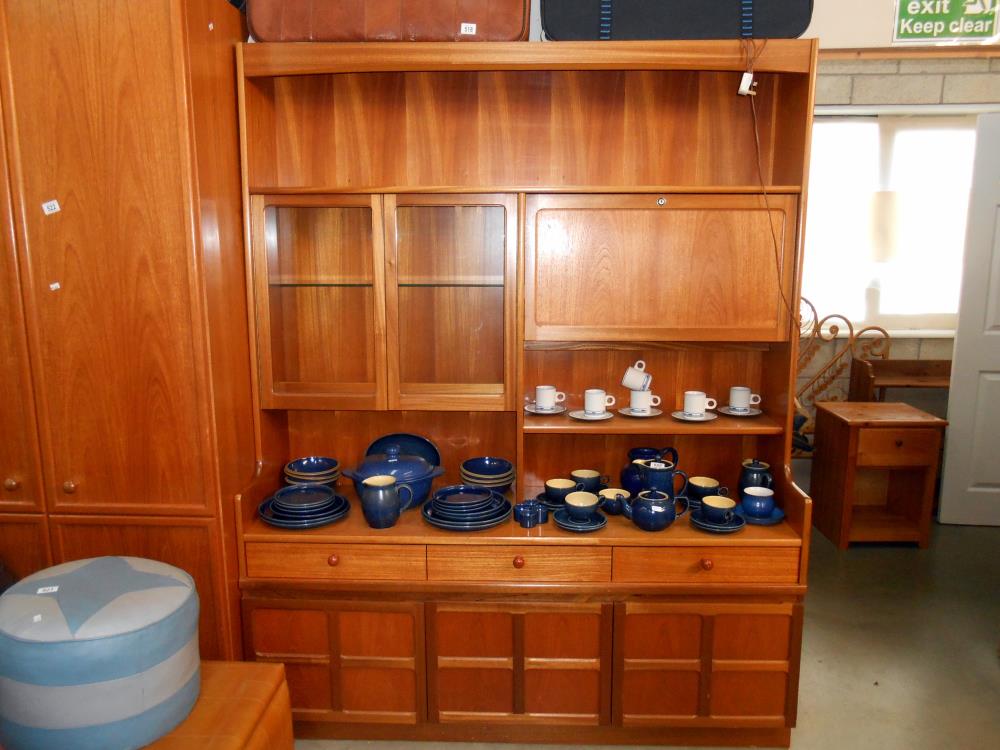 A teak effect wall unit (drinks cabinet locked, no key) Height 194cm,