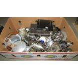 A large box of mixed silver plate including coffee bean cases spoons, Piquot ware teapots etc.