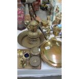A mixed lot of brass ware including warming pan, pots etc.