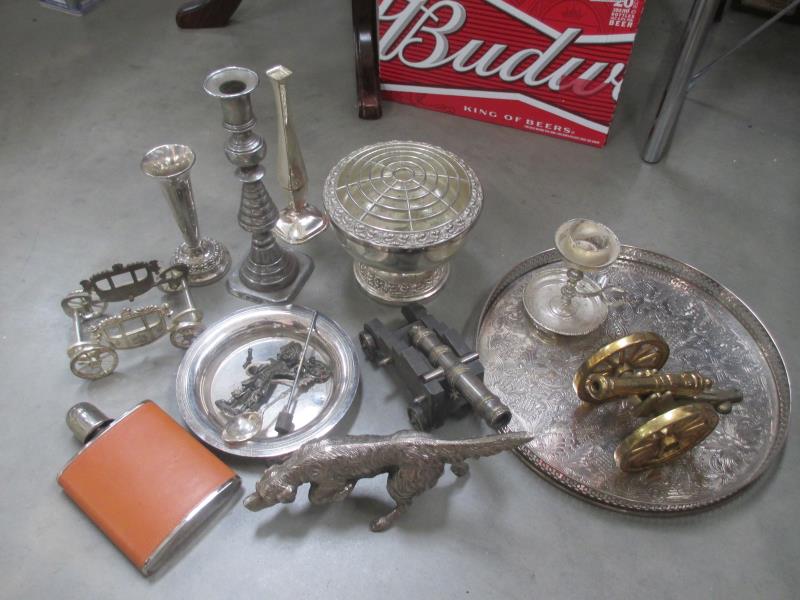 A mixed lot of silver plate including springer spaniel, canons, small gallery tray,