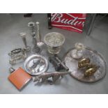 A mixed lot of silver plate including springer spaniel, canons, small gallery tray,