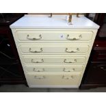 A white melamine bedroom chest with gilded drawer handles, Height 98cm, width 76.