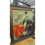 A 1930's oak framed wool work of a Spanish bull fighter.