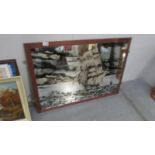 A large framed mirror tile picture of a galleon in rough seas, image 91 x 61 cm, framed 99 x 69 cm,