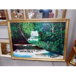 A large oil on board of a waterfall scene,
