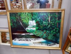 A large oil on board of a waterfall scene,
